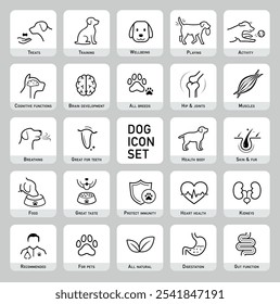 Icon set components of a dog's health. The main advantages from a balanced food or supplement. Each icon is designed with lines and a modern aesthetic, making them perfect for pet health products. EPS