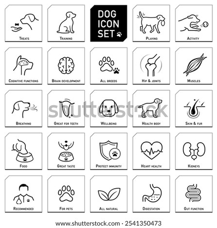 Icon set components of a dog's health. The main advantages from a balanced food or supplement. Each icon is designed with lines and a modern aesthetic, making them perfect for pet health products. EPS