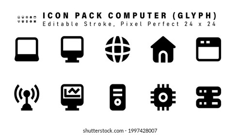 Icon Set of Computer Glyph Icons. Contains such Icons as  Landing Page, Wifi, Laptop, Server, etc. Editable Stroke. 24 x 24 Pixel Perfect
