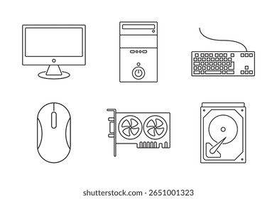 Conjunto de ícones de hardware de computador, incluindo monitor, CPU, teclado, mouse, placa gráfica, disco rígido. Ideal para guias técnicos, análises, suporte de TI.