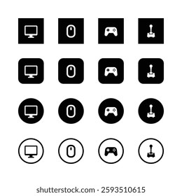 Icon set, computer peripherals, minimalist design, black and white, vector graphics, user interface elements, monitor icon, mouse icon, game controller, joystick, square, circular