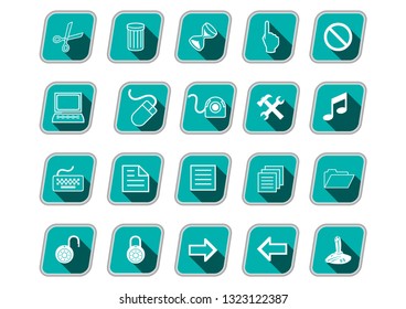 Icon set with computer symbols, green skew icons, long shadow, white pictograms