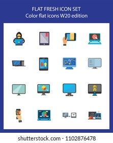 Icon set of computers and mobile phones. Multimedia, application, electronic appliances. Mobile technology concept. For topics like technology, innovation, software