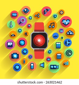 Icon set concept wearable device about technology gadget mobile device around smart watch.