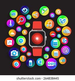 Icon set concept wearable device about technology gadget mobile device around smart watch on dark backgrround