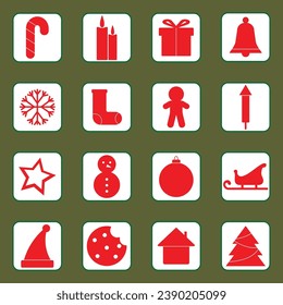 
Juego de iconos compuesto por 16 cuadrados con iconos rojos para Año Nuevo y Navidad