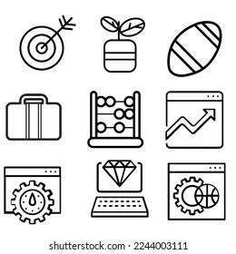 icon set consisting of target board icons, potted plant, rugby ball, bag, abacus, graphics, laptop diamond
