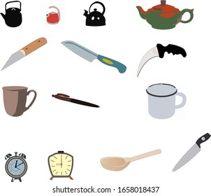 juego de iconos compuesto por teteras, relojes de alarma, cuchillos y otros artículos.