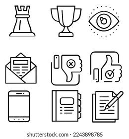 Icon set consists of chess pieces, trophies, eyes, letters, thumbs down, thumbs up, mobile phones, diaries, notes