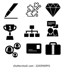 The icon set consists of diamond icons, puzzle, pen, trophy, diagram,
man woman chat bubble, share, bag
