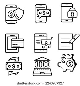 El conjunto de iconos consta de finanzas digitales, seguridad de transacciones financieras, seguridad digital, transacciones con tarjeta de crédito, compras en línea, registros financieros, tipos de cambio de dinero, bancos de cerco