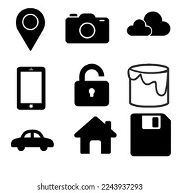 The icon set consists of geo location, camera, overcast cloud, mobile phone, padlock, paint bucket, car, house, floppy disk icons
