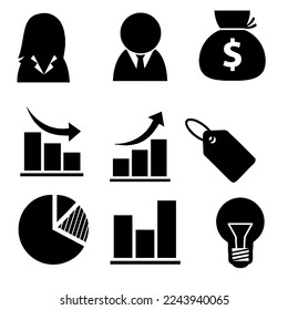 Icon set consists of icons woman, man, money in sack, descending graph, ascending graph, label, circle shard, graph, lamp
