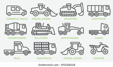 Icon set of construction equipment. Special machines for the construction work. Special equipment. Commercial Vehicles. Vector stock illustration.