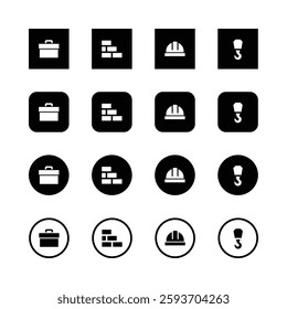 Icon set, construction symbols, black and white, minimalist design, toolbox, bricks, hard hat, crane hook, square icons, circular icons, simple shapes, contrasting colors, flat design, graphic element