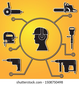 Icon set construction tools on the helmet of the Builder on the isolated background. Vector image. esp 10