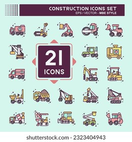 Icon Set Construction Vehicles. related to Construction Machinery symbol. MBE style. simple design editable. simple illustration