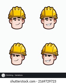 Icon set of a construction worker face with Smirking emotional expression variations. All elements neatly on well described layers and groups.