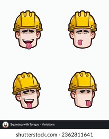 Icon set of a construction worker face with Squinting with Tongue emotional expression variations. All elements neatly on well described layers and groups.