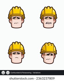 Icon set of a construction worker face with Confounded and Persevering emotional expression variations. All elements neatly on well described layers and groups.