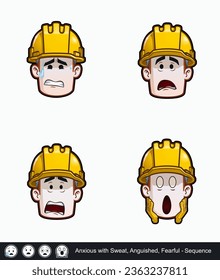 Icon set of a construction worker face with Anxious with Sweat, Anguished and Fearful emotional expression variations. All elements neatly on well described layers and groups.