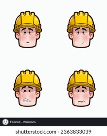 Conjunto de iconos de la cara de un trabajador de la construcción con variaciones de expresión emocional. Todos los elementos están cuidadosamente descritos en capas y grupos bien descritos.