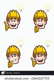 Icon set of a construction worker face with having an Idea - Light Bulb emotional expression variations. All elements neatly on well described layers and groups.