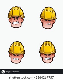 Icon set of a construction worker face with Angry emotional expression variations. All elements neatly on well described layers and groups.