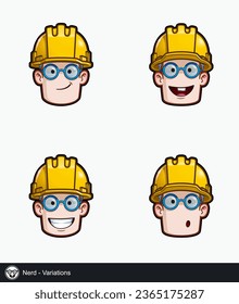 Conjunto de iconos de la cara de un trabajador de la construcción con variaciones de expresión emocional Nerd. Todos los elementos están cuidadosamente descritos en capas y grupos bien descritos.