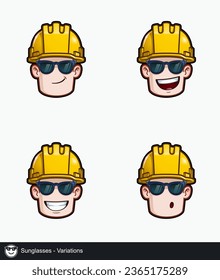 Icon set of a construction worker face with Sunglasses emotional expression variations. All elements neatly on well described layers and groups.