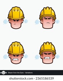 Icon set of a construction worker face with Steam from the Ears emotional expression variations. All elements neatly on well described layers and groups.