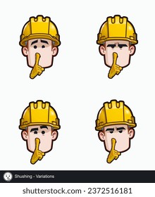 Icon set of a construction worker face with Shushing emotional expression variations. All elements neatly on well described layers and groups.