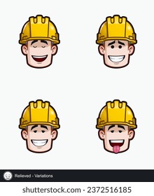 Icon set of a construction worker face with Relieved emotional expression variations. All elements neatly on well described layers and groups.