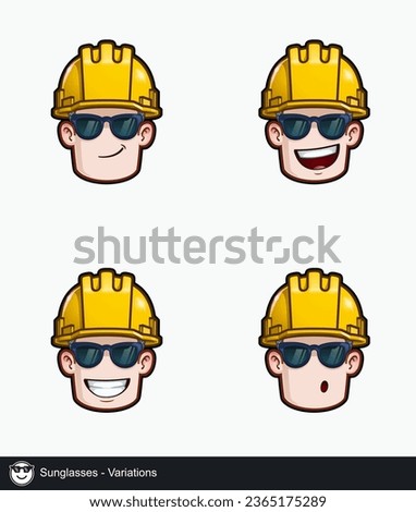 Icon set of a construction worker face with Sunglasses emotional expression variations. All elements neatly on well described layers and groups.