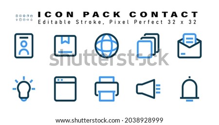 Icon Set of Contact Two Color Icons. Contains such Icons as Mail, Lamp, Browser, Print etc. Editable Stroke. 32 x 32 Pixel Perfect