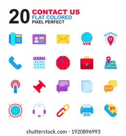 Icon Set of Contact Us. Flat colored style icon vector. Contains such of phone, contact, email, website, address, call, calendar, clock, business, map, internet, pin, message and more.