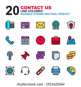 Icon Set of Contact Us. Line colored style icon vector. Contains such of phone, contact, email, website, address, call, calendar, clock, business, map, internet, pin, message and more. Editable Stroke