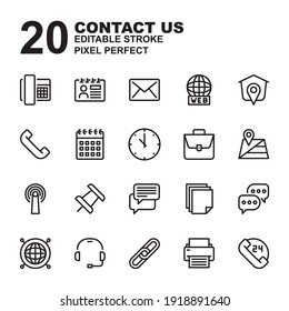 Icon Set of Contact Us. Outline style icon vector. Contains such of phone, contact, email, website, address, call, calendar, clock, business, map, internet, pin, message and more. Editable Stroke