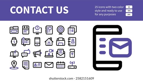 Icon Set of Contact Us Two Color Icons. Contains such Icons as Browser, Drafts, Alert, Agenda, Webcam, Data Transfer, Watch, Telephone, Smartphone etc. 32 x 32 Pixel Perfect