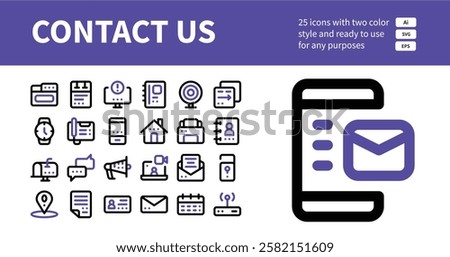 Icon Set of Contact Us Two Color Icons. Contains such Icons as Browser, Drafts, Alert, Agenda, Webcam, Data Transfer, Watch, Telephone, Smartphone etc. 32 x 32 Pixel Perfect