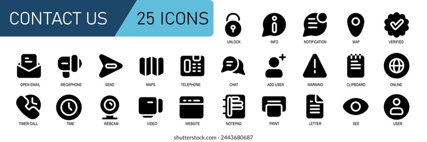 icon set contact us.black solid style.contains phone time,clock,time,webcam,video,website,print,letter