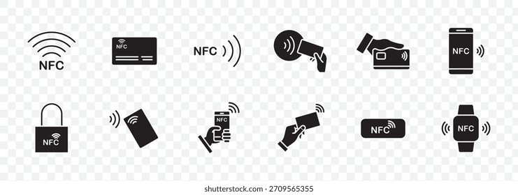 “Conjunto de iconos NFC: pago sin contacto, toque telefónico, billetera móvil, reloj inteligente NFC, lector de tarjetas de crédito, señal inalámbrica, etiquetas y símbolos de bloqueo de seguridad en estilo sólido”