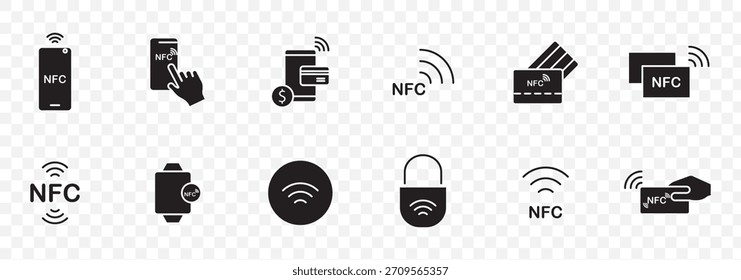 “NFC Icon Set — Contactless Payment, Phone Tap, Mobile Wallet, Smartwatch NFC, Credit Card Reader, Wireless Signal, Tag and Security Lock Symbols in Solid Style”