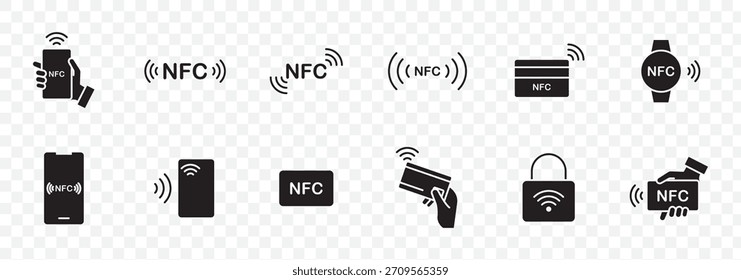 “Conjunto de iconos NFC: pago sin contacto, toque telefónico, billetera móvil, reloj inteligente NFC, lector de tarjetas de crédito, señal inalámbrica, etiquetas y símbolos de bloqueo de seguridad en estilo sólido”