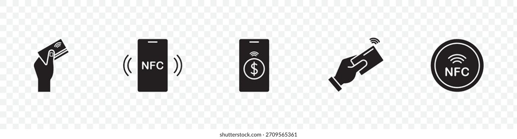 “Conjunto de iconos NFC: pago sin contacto, toque telefónico, billetera móvil, reloj inteligente NFC, lector de tarjetas de crédito, señal inalámbrica, etiquetas y símbolos de bloqueo de seguridad en estilo sólido”