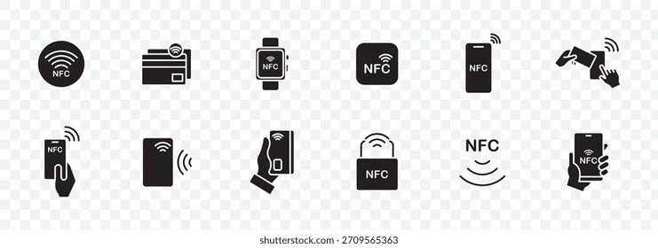 “NFC Icon Set — Contactless Payment, Phone Tap, Mobile Wallet, Smartwatch NFC, Credit Card Reader, Wireless Signal, Tag and Security Lock Symbols in Solid Style”