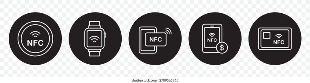 "NFC Icon Set - Kontaktloses Bezahlen, Telefontasten, Mobile Wallet, Smartwatch NFC, Kreditkartenleser, Wireless-Signal, Tag- und Sicherheitsschloss-Symbole im Solid Style"