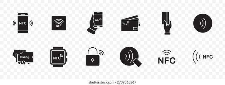 “Conjunto de iconos NFC: pago sin contacto, toque telefónico, billetera móvil, reloj inteligente NFC, lector de tarjetas de crédito, señal inalámbrica, etiquetas y símbolos de bloqueo de seguridad en estilo sólido”