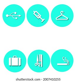 
icon set, contains about network icon, coat hanger icon, suitcase, syringe, and cigarette icon.