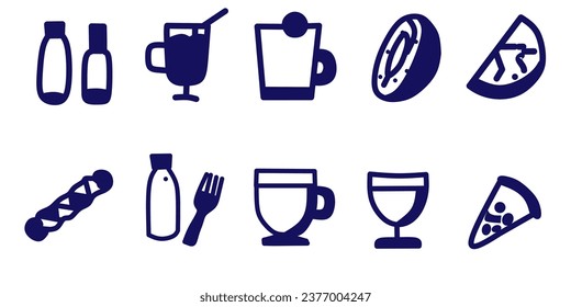 Icon Set contains food, drink, tea, coffee, lemon tea, sauce, bottle, fork, juice, marshmallow, avocado, lemon, pizza